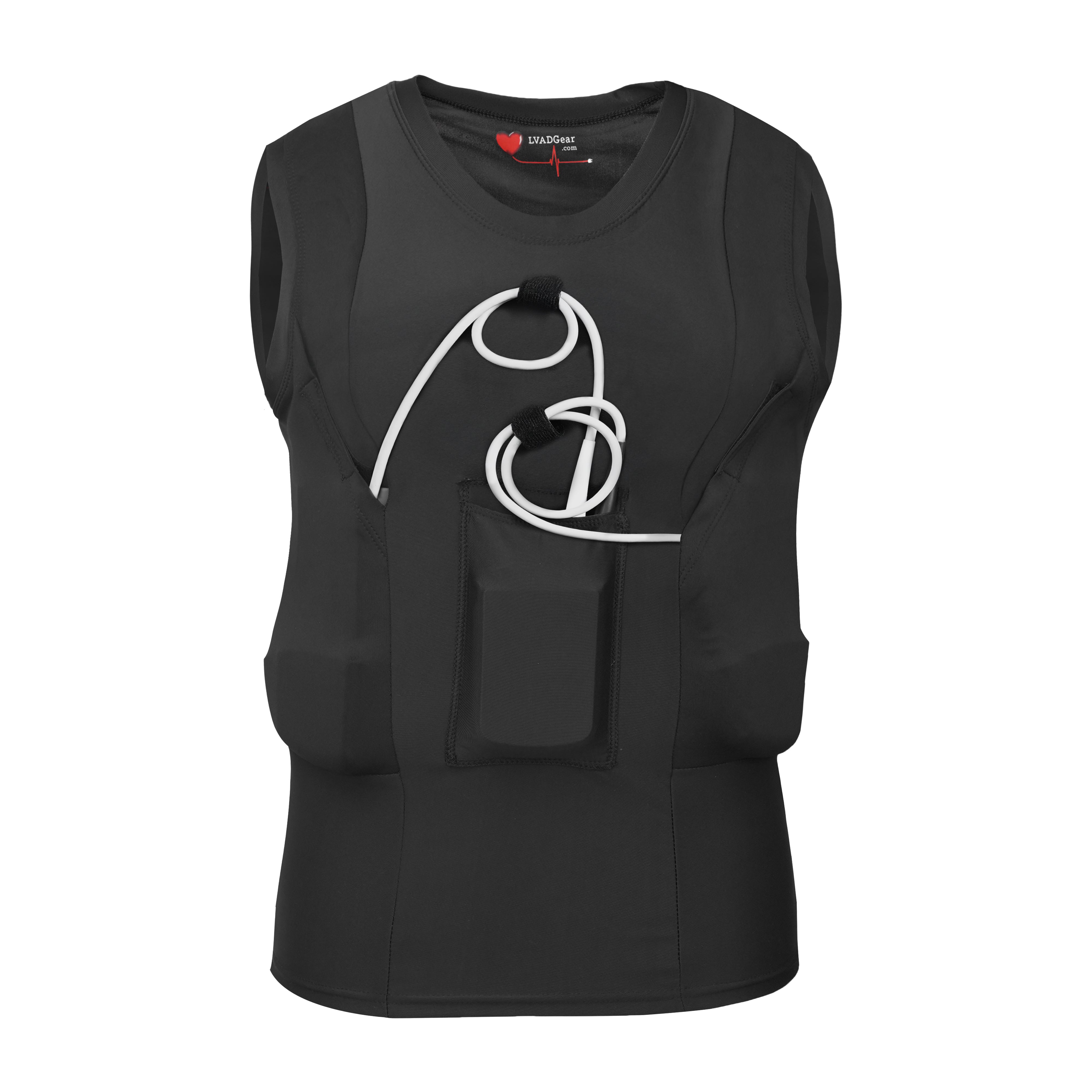 Women’s Black LVAD Tank Top with breathable fabric, secure controller pocket, and discreet battery storage.